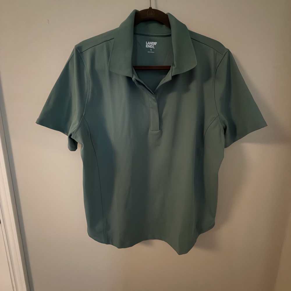 Two Lands' End Women’s Polo Shirts in Deep Olive Green and black